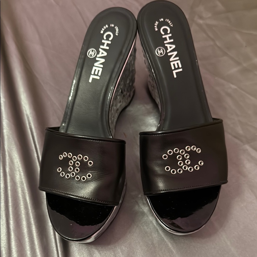 CHANEL Black Wedge Shoes with Crystal Logo